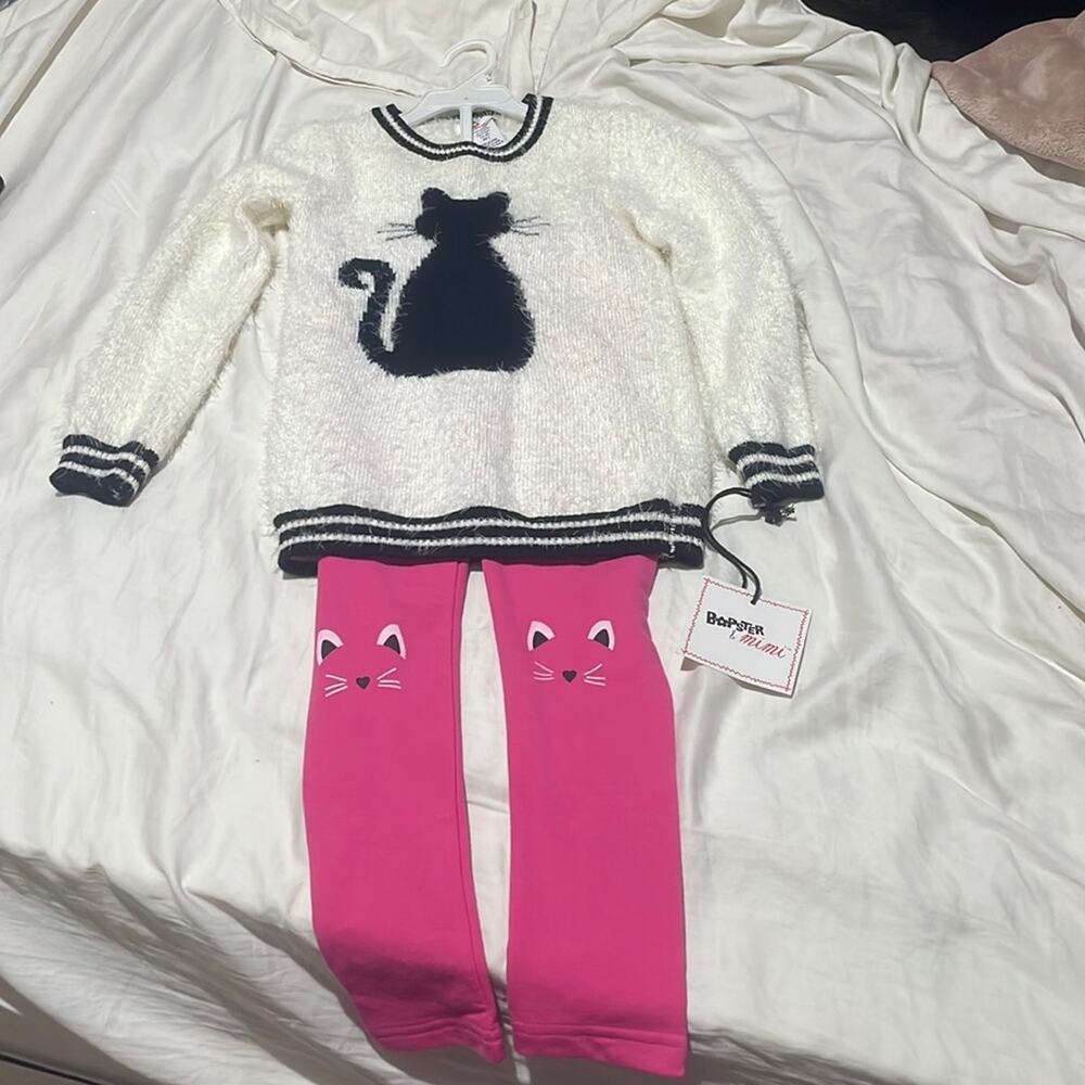 Bopster & mimi 6x pink legging white black cat sweater set nwt perfect.